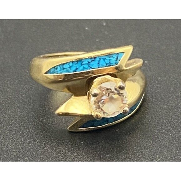 SW by Waldeck Jewelers Jewelry - Vtg 'Ring 92 SW CZ Solitaire Yellow Gold Plated Wrap Crushed Turquoise Size 5.5